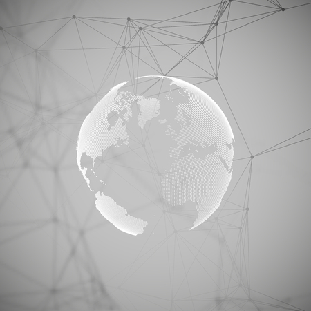 Abstract futuristic network shapes. High tech background, connecting lines and dots, polygonal linear texture. World globe on gray. Global network connections, geometric design, dig data concept.のイラスト素材
