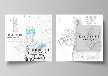 Minimal vector illustration of editable layout of two square format covers design templates for brochure, flyer, magazine. Man with glasses of virtual reality. Abstract vr, future technology conceptのイラスト素材