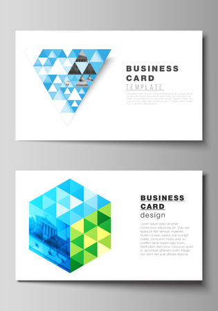 The minimalistic abstract vector illustration of the editable layout of two creative business cards design templates. Blue color polygonal background with triangles, colorful mosaic pattern.のイラスト素材