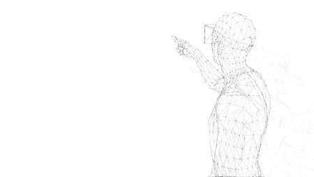 Man with glasses of virtual reality. Future technology concept. Abstract vr world with connecting lines, dots and triangles. 3D vector illustration.のイラスト素材