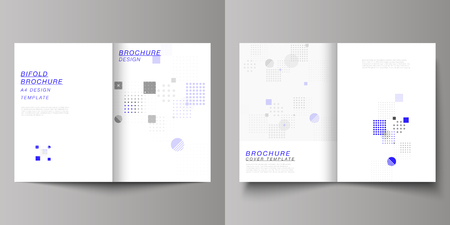 The vector layout of two A4 format modern cover mockups design templates for bifold brochure, magazine, flyer, booklet, annual report. Abstract vector background with fluid geometric shapesのイラスト素材