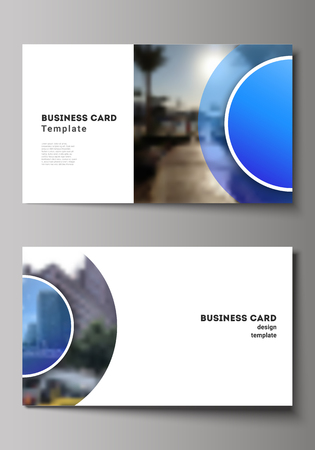 The minimalistic abstract vector illustration of the editable layout of two creative business cards design templates. Creative modern blue background with circles and round shapesのイラスト素材