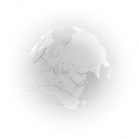 Abstract futuristic background with connecting lines and dots, polygonal linear texture. World globe on gray. Global network connections, geometric design, technology digital concept.のイラスト素材