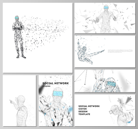The minimalistic abstract vector illustration of the editable layouts of modern social network mockups in popular formats. Man with glasses of virtual reality. Abstract vr, future technology conceptのイラスト素材