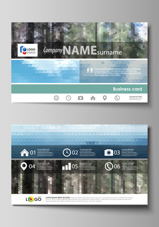 Business card templates. Easy editable layout, abstract vector design template. Colorful background made of triangular or hexagonal texture, natural landscape in polygonal style.のイラスト素材