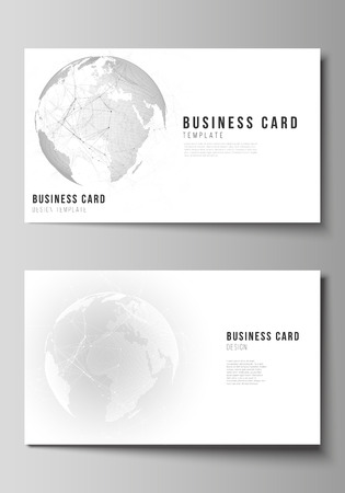 Vector editable layout of two creative business cards design templates. Futuristic geometric design with world globe, connecting lines and dots. Global network connections, technology digital conceptのイラスト素材