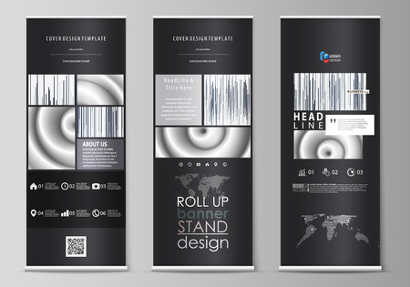 Set of roll up banner stands, flat design templates, abstract geometric style, modern business concept, corporate vertical vector flyers, flag layouts. Simple monochrome geometric pattern. Minimalistic background. Gray color shapes.のイラスト素材