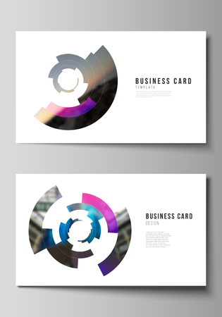 The minimalistic abstract vector illustration of editable layout of two creative business cards design templates. Futuristic design circular pattern, circle elements forming geometric frame for photoのイラスト素材