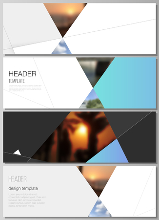 The minimalistic vector illustration of the editable layout of headers, banner design templates. Creative modern background with blue triangles and triangular shapes. Simple design decoration.のイラスト素材