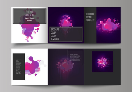 The black colored minimal vector layout. Modern creative covers design templates for trifold square brochure or flyer. Black background with fluid gradient, liquid pink colored geometric elementのイラスト素材