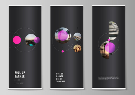 The vector layout of roll up banner stands, vertical flyers, flags design business templates. Simple design futuristic concept. Creative background with circles that form planets and starsのイラスト素材
