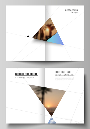 The vector layout of two A4 format modern cover mockups design templates for bifold brochure, magazine, flyer, report. Creative background with blue triangles and triangular shapes. Simple design.のイラスト素材