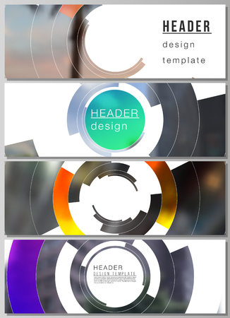 The minimalistic vector illustration of the editable layout of headers, banner design templates. Futuristic design circular pattern, circle elements forming geometric frame for photoのイラスト素材
