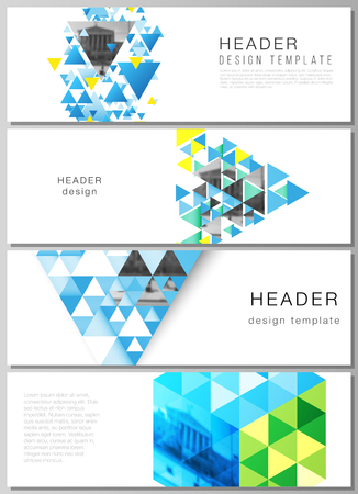 The minimalistic vector illustration of the editable layout of headers, banner design templates. Blue color polygonal background with triangles, colorful mosaic pattern.のイラスト素材