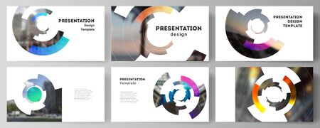 The minimalistic abstract vector layout of the presentation slides design business templates. Futuristic design circular pattern, circle elements forming geometric frame for photo.のイラスト素材