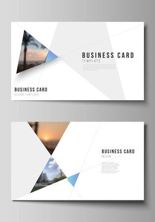 The minimalistic abstract vector layout of two creative business cards design templates. Creative modern background with blue triangles and triangular shapes. Simple design decoration.のイラスト素材
