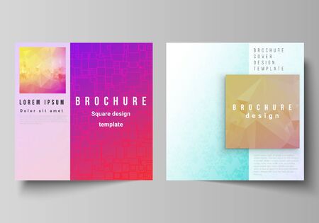 The minimal vector illustration of editable layout of two square format covers design templates for brochure, flyer, magazine. Abstract geometric pattern with colorful gradient business background.のイラスト素材