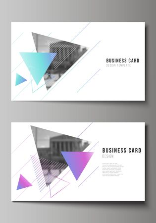 The minimalistic abstract vector illustration of the editable layout of two creative business cards design templates. Colorful polygonal background with triangles with modern memphis patternのイラスト素材
