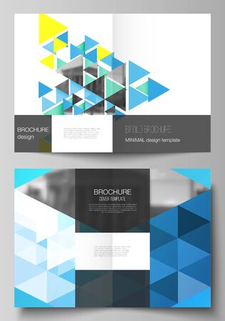 The vector layout of two A4 format cover mockups design templates for bifold brochure, magazine, flyer, booklet, annual report. Blue color polygonal background with triangles, colorful mosaic pattern.のイラスト素材