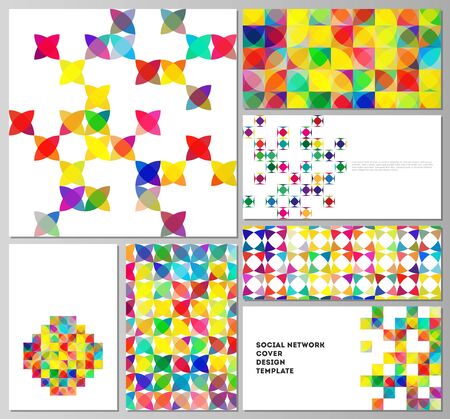 The minimalistic abstract vector illustration of layouts of modern social network mockups in popular formats. Abstract background, geometric mosaic pattern with bright circles, geometric shapesのイラスト素材