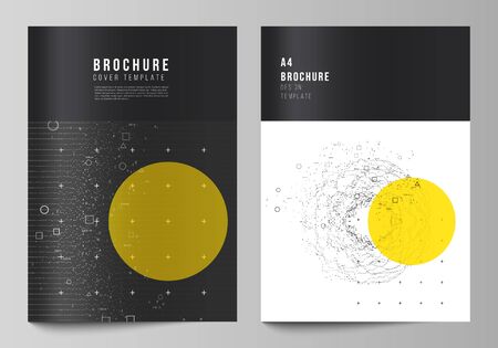 The vector layout of A4 format modern cover mockups design templates for brochure, flyer, annual report. Science or technology 3d background with dynamic particles. Chemistry and science concept.のイラスト素材