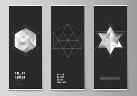 The vector layout of roll up banner stands, vertical flyers, flags design business templates. 3d polygonal geometric modern design abstract background. Science or technology vector illustration.のイラスト素材
