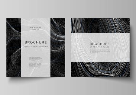 The minimal vector illustration of editable layout of two square format covers design templates for brochure, flyer, magazine. Smooth smoke wave, hi-tech concept black color techno background.のイラスト素材