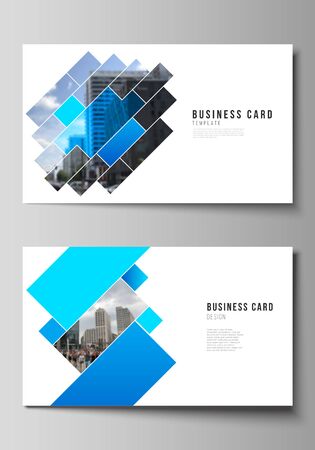 The minimalistic abstract vector illustration of the editable layout of two creative business cards design templates. Abstract geometric pattern creative modern blue background with rectangles.のイラスト素材