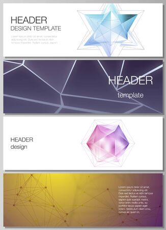The minimalistic vector illustration of the editable layout of headers, banner design templates. 3d polygonal geometric modern design abstract background. Science or technology vector illustrationのイラスト素材