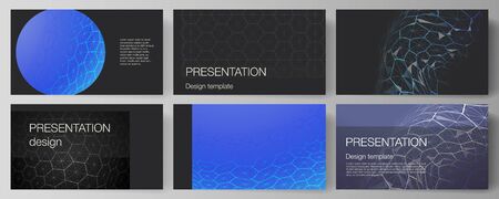 Vector layout of the presentation slides design business templates. Digital technology and big data concept with hexagons, connecting dots and lines, polygonal science medical background.のイラスト素材