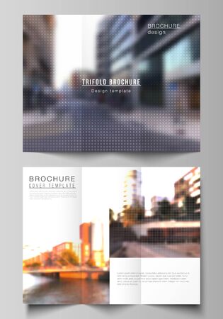 Vector layouts of covers design templates for trifold brochure, flyer layout, book design, brochure cover, advertising mockups. Abstract halftone effect decoration with dots. Dotted pattern decorationのイラスト素材