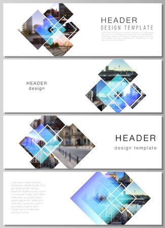 The minimalistic vector illustration of the editable layout of headers, banner design templates. Creative trendy style mockups, blue color trendy design backgroundsのイラスト素材