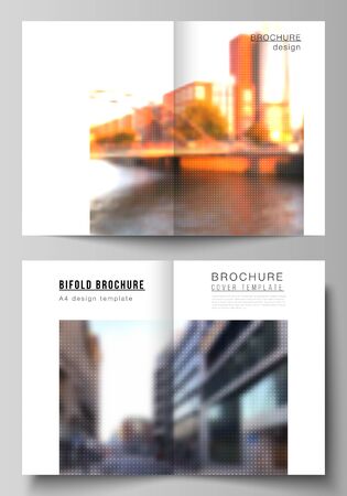 Vector layout of two A4 cover mockups design templates for bifold brochure, flyer, cover design, book design, brochure cover. Abstract halftone effect decoration with dots. Dotted pattern decorationのイラスト素材