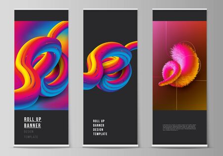 The vector illustration layout of roll up banner stands, vertical flyers, flags design business templates. Futuristic technology design, colorful backgrounds with fluid gradient shapes compositionのイラスト素材