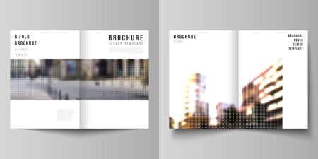 Vector layout of two A4 cover mockups design templates for bifold brochure, flyer, cover design, book design, brochure cover. Abstract halftone effect decoration with dots. Dotted pattern decorationのイラスト素材
