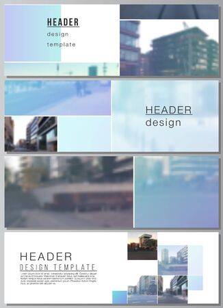 Vector layout of headers, banner templates for website footer design, horizontal flyer design, website header backgrounds. Abstract design project in geometric style with blue squares.のイラスト素材