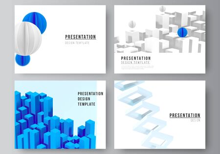 Vector layout of presentation slides design templates, template for presentation brochure, brochure cover, business report. 3d render vector composition with dynamic geometric blue shapes in motion.のイラスト素材