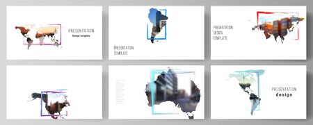 Vector layout of the presentation slides design business templates, multipurpose template for presentation brochure. Design template in the form of world maps and colored frames, insert your photoのイラスト素材