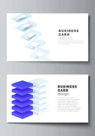 Vector layout of two creative business cards design templates, horizontal template vector design. 3d render vector composition with dynamic realistic geometric blue shapes in motionのイラスト素材