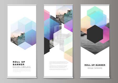 Vector layout of roll up mockup design templates with colorful hexagons, geometric shapes, tech background for vertical flyers, flags design templates, banner stands, advertising design mockups.のイラスト素材