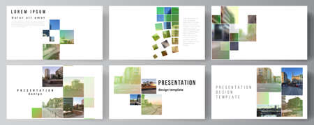 Vector layout of the presentation slides design business templates, multipurpose template for presentation brochure, brochure cover. Abstract project with clipping mask green squares for your photo.のイラスト素材