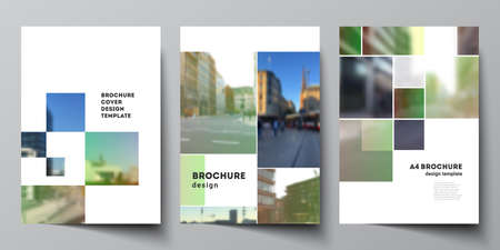 Vector layout of A4 cover mockups design templates for brochure, flyer layout, booklet, cover design, book design, brochure cover. Abstract project with clipping mask green squares for your photo.のイラスト素材