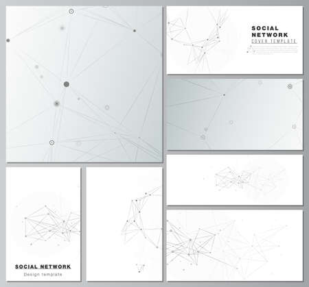 Vector layouts of social network mockups for cover design, website design, website backgrounds or advertising mockups. Gray technology background with connecting lines and dots. Network concept.のイラスト素材