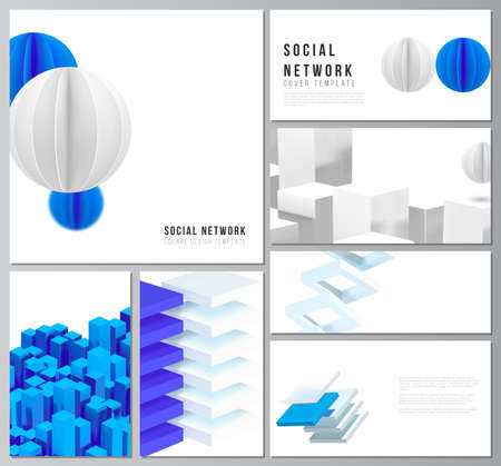 Vector layouts of modern social network mockup for cover design, website design, website backgrounds or advertising. 3d render vector composition with dynamic realistic geometric blue shapes in motionのイラスト素材