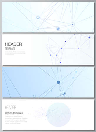 Vector layout of headers, banner templates for website footer design, horizontal flyer design, website header backgrounds. Blue medical background with connecting lines and dots, plexus.のイラスト素材