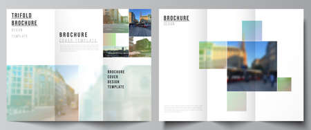 Vector layouts of covers design templates for trifold brochure, flyer layout, book design, brochure cover, advertising mockups. Abstract project with clipping mask green squares for your photo.のイラスト素材