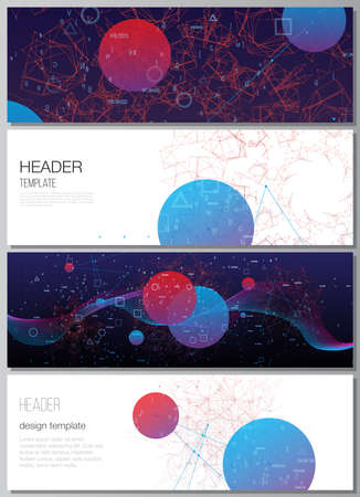 Vector layout of headers, banner templates for website footer design, horizontal flyer design, website header. Artificial intelligence, big data visualization. Quantum computer technology concept.のイラスト素材