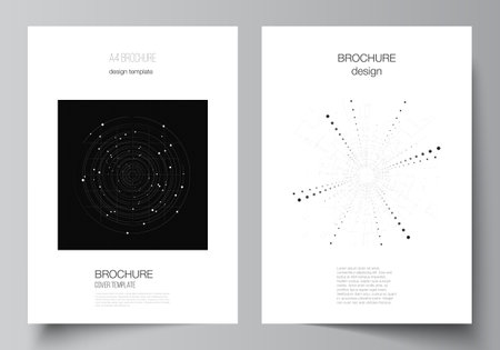 Vector layout of A4 cover design templates for brochure, flyer layout, booklet, cover design, book design. Black color technology background. Digital visualization of science, medicine, tech concept.のイラスト素材