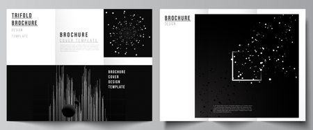 Vector layouts of covers templates for trifold brochure, flyer layout, book design, brochure cover, advertising. Black color technology background. Digital visualization for science, medical, tech.のイラスト素材