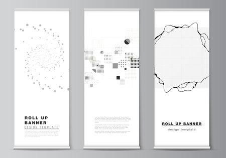 Vector layout of roll up mockup templates for vertical flyers, flags design templates, banner stands, advertising. Abstract technology black color science background. Digital data. High tech concept.のイラスト素材